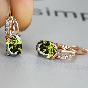 18k Gold Plated Water Drop Olive Green Diamond Earrings
